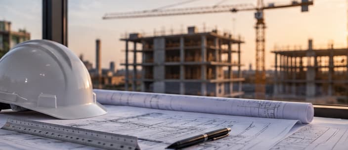 Hard hat and construction drawings on a desk overlooking the site