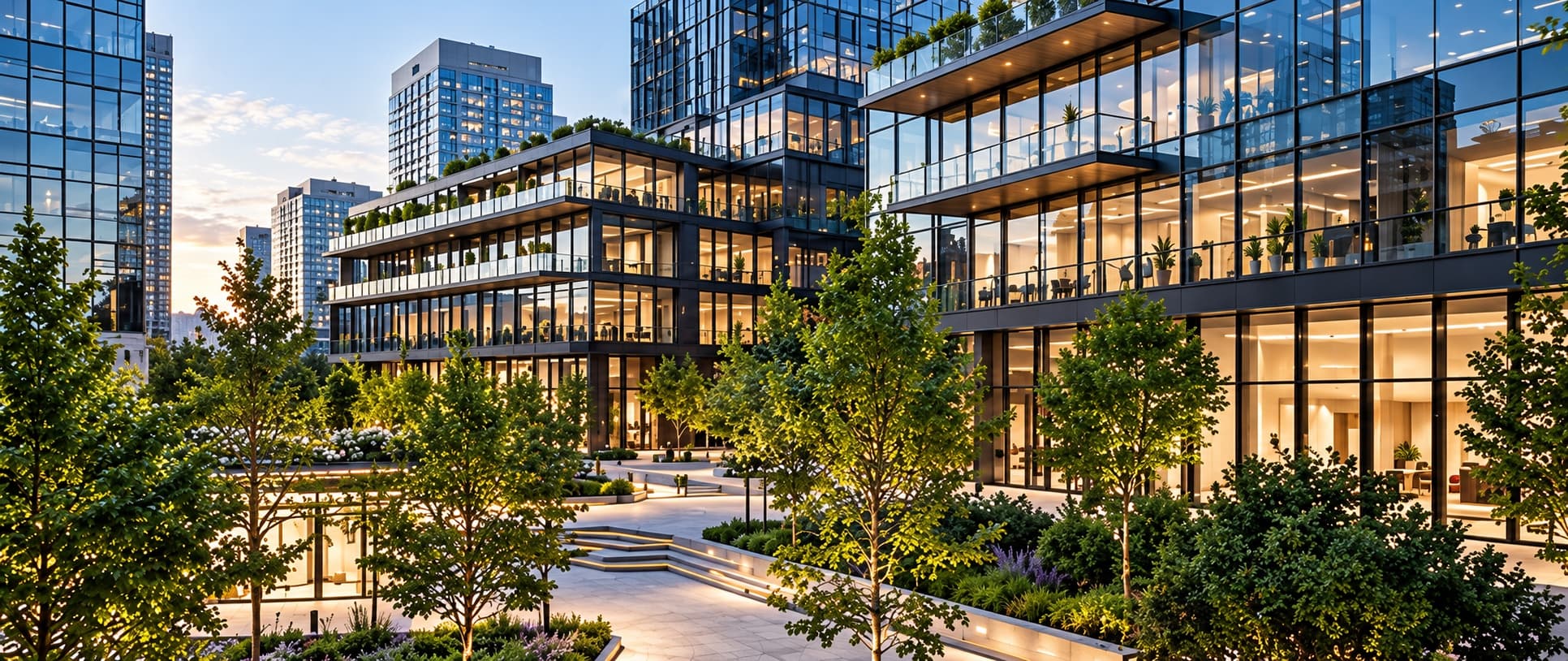 Mixed-use development lit at dusk above a landscaped courtyard
